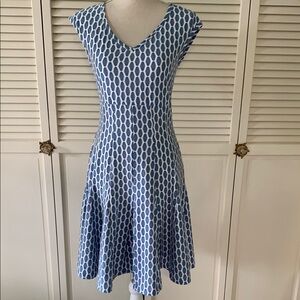 Taylor Blue and White Pleated Dress
